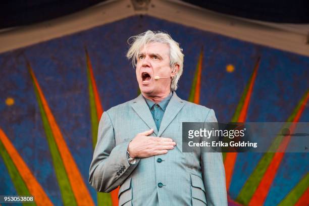 David Byrne performs during the New Orleans Jazz & Heritage Festival at Fair Grounds Race Course on April 29, 2018 in New Orleans, Louisiana.