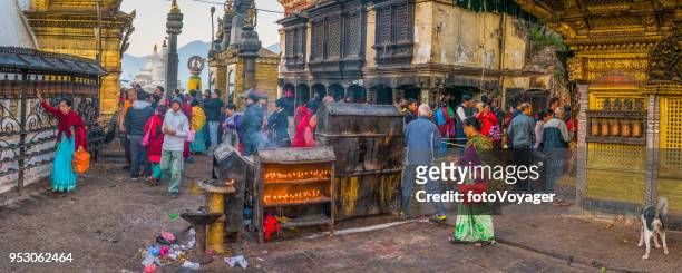 kathmandu pilgrims and worshippers at swayambhunath monkey temple panorama nepal - thamel stock pictures, royalty-free photos & images