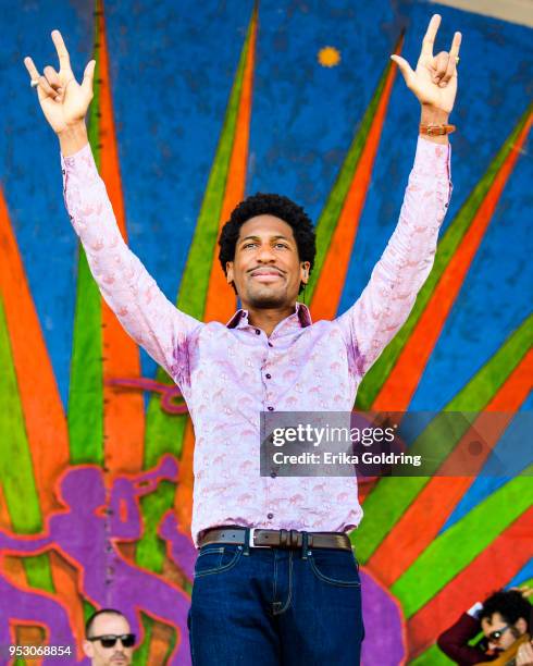 Jon Batiste performs during the New Orleans Jazz & Heritage Festival at Fair Grounds Race Course on April 29, 2018 in New Orleans, Louisiana.