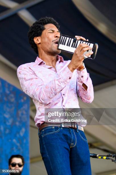 Jon Batiste performs during the New Orleans Jazz & Heritage Festival at Fair Grounds Race Course on April 29, 2018 in New Orleans, Louisiana.