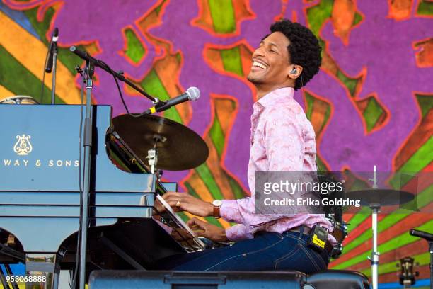 Jon Batiste performs during the New Orleans Jazz & Heritage Festival at Fair Grounds Race Course on April 29, 2018 in New Orleans, Louisiana.