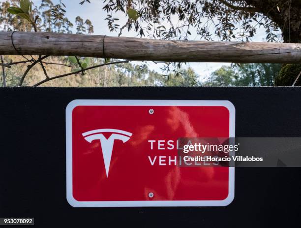 Tesla vehicles electric charger in the parking lot of HD - Duecitania Design Hotel on April 19, 2018 in Penela, Portugal. With current Prime Minister...