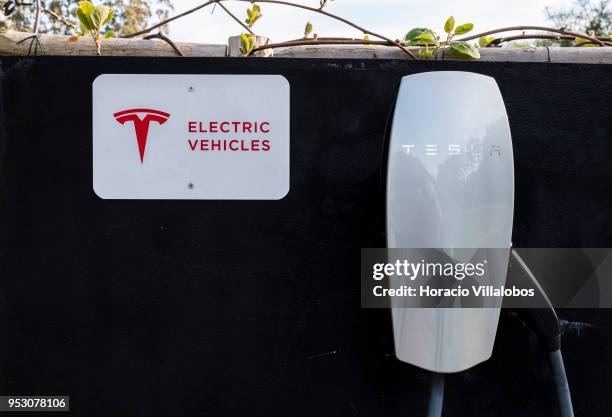 Tesla vehicles electric charger in the parking lot of HD - Duecitania Design Hotel on April 19, 2018 in Penela, Portugal. With current Prime Minister...