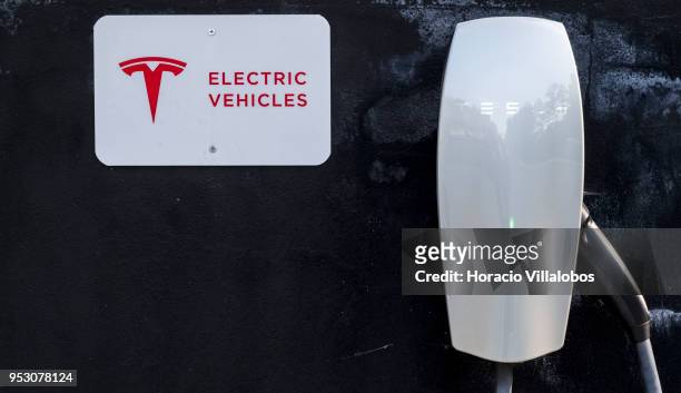 Tesla vehicles electric charger in the parking lot of HD - Duecitania Design Hotel on April 19, 2018 in Penela, Portugal. With current Prime Minister...