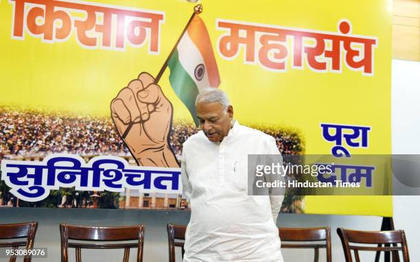 Former Finance Minister Yashwant Sinha speaks during 'Rashtriya Kisan Mahasangh' press conference regarding 10 days Kisan Avkash protest which will...