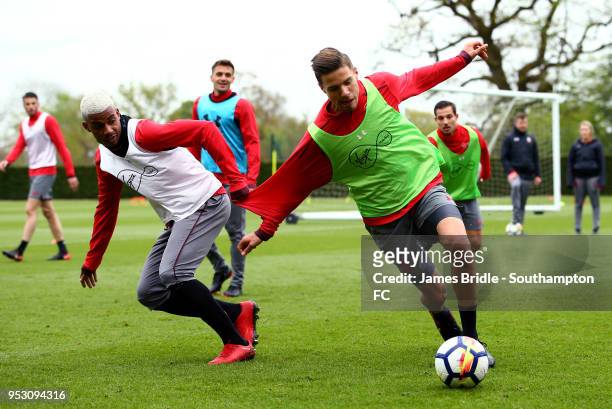 LtoR Mario Lemina and Jan Bednarek during a Southampton FC Training session at Staplewood Complex on April 30, 2018 in Southampton, England.