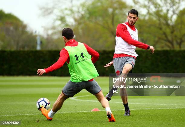 LtoR Cedric, and Wesley Hoedt during a Southampton FC Training session at Staplewood Complex on April 30, 2018 in Southampton, England.