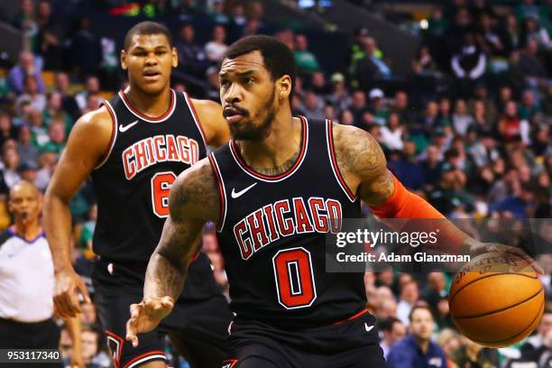 Sean Kilpatrick of the Chicago Bulls dribbles during a game against the Boston Celtics at TD Garden on April 6, 2018 in Boston, Massachusetts. NOTE...