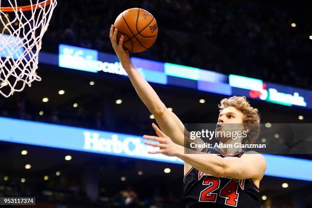 Lauri Markkanen of the Chicago Bulls shoots the ball during a game against the Boston Celtics at TD Garden on April 6, 2018 in Boston, Massachusetts....