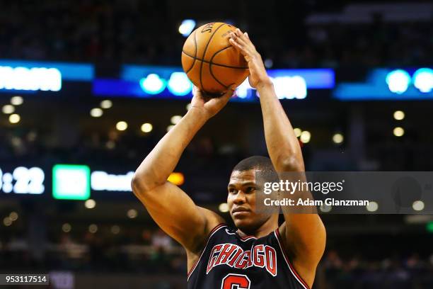 Cristiano Felicio of the Chicago Bulls shoots the ball during a game agiainst the Boston Celtics at TD Garden on April 6, 2018 in Boston,...