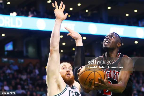 Jerian Grant of the Chicago Bulls drives to ethics's basket past Aron Baynes of the Boston Celtics during a game at TD Garden on April 6, 2018 in...