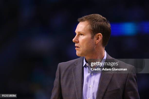 Fred Hoiberg head coach of the Chicago Bulls looks on during a game against the Boston Celtics at TD Garden on April 6, 2018 in Boston,...