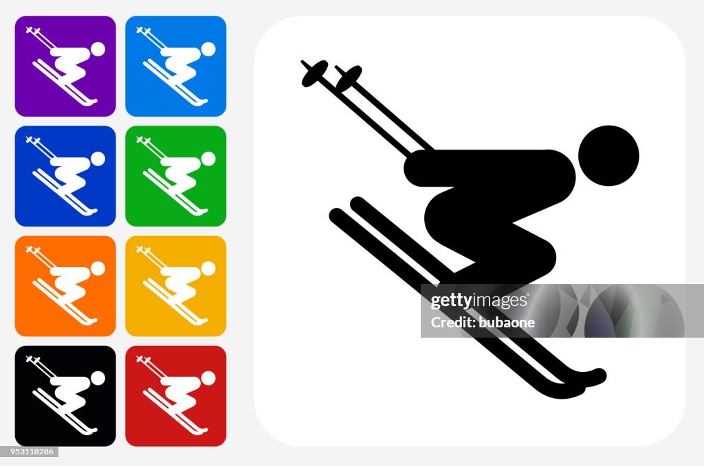 Skiing Downhill Icon Square Button Set