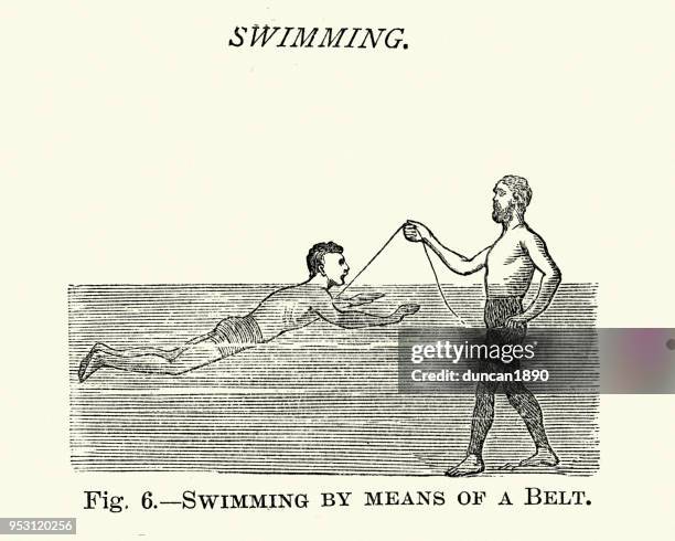 victorians sports, swimming, teaching man to swim, 19th century - swim coach stock illustrations