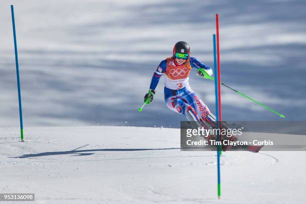 Petra Vlhova of Slovakia in action during the Alpine Skiing - Ladies' Slalom competition at Yongpyong Alpine Centre on February 16, 2018 in...