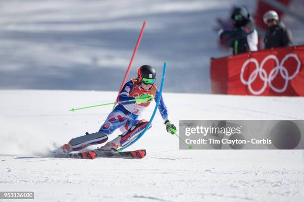 Petra Vlhova of Slovakia in action during the Alpine Skiing - Ladies' Slalom competition at Yongpyong Alpine Centre on February 16, 2018 in...