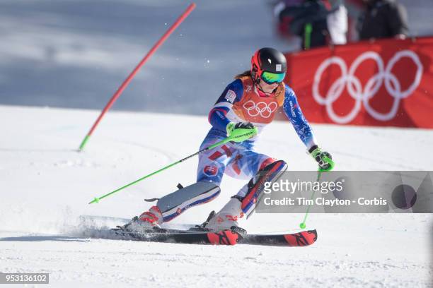 Petra Vlhova of Slovakia in action during the Alpine Skiing - Ladies' Slalom competition at Yongpyong Alpine Centre on February 16, 2018 in...