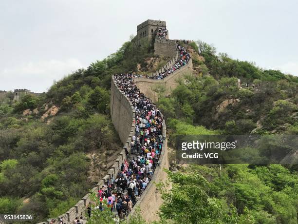 Tourists visit the Great Wall at Badaling on the second day of the 3-day International Workers' Day holiday on April 30, 2018 in Beijing, China.