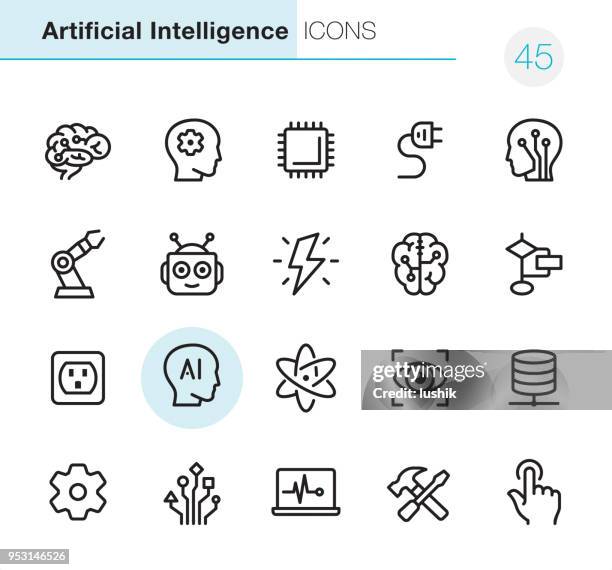 artificial intelligence - pixel perfect icons - robot human hand stock illustrations