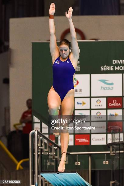 Katherine Torrance jumps on the diving board during the Women's 3m springboard at FINA Diving World Series 2018 on April 29 at Centre Sportif du Parc...