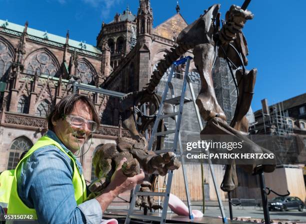 Technician holds a foot of a mammoth skeleton, part of the installation 'Mammuthus Volantes' by French artist and architect Jacques Rival, as it is...