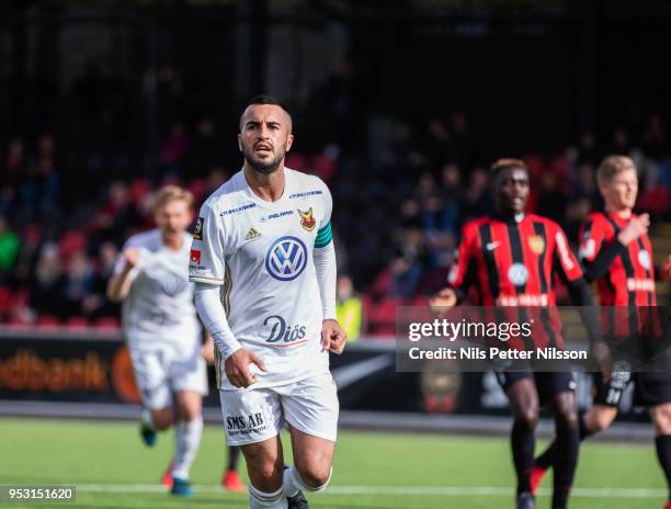 Brwa Nouri of Ostersunds FK celebrates after scoring to 0-1 during the Allsvenskan match between IF Brommapojkarna and Ostersunds FK at Grimsta IP on...