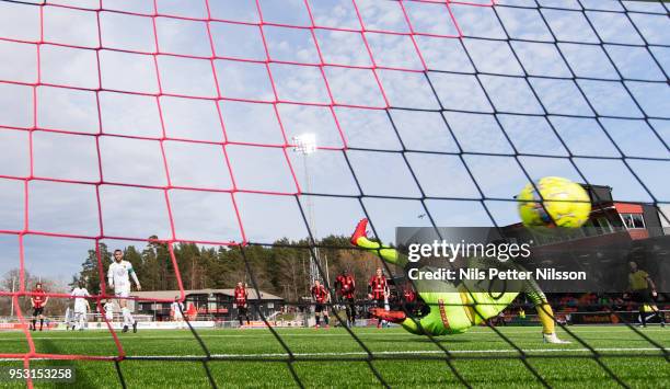 Brwa Nouri of Ostersunds FK scores the opening goal to 0-1 during the Allsvenskan match between IF Brommapojkarna and Ostersunds FK at Grimsta IP on...