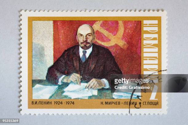 close up of post stamp showing lenin - former soviet union stock illustrations