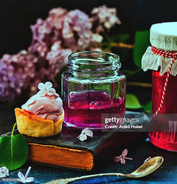 lilac jelly and mini cake - aniko hobel 個照片及圖片檔