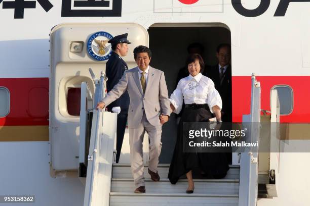 Japanese Prime Minister Shinzo Abe and wife Akie Abe arrive at Marka international airport on April 30, 2018 in Amman, Jordan. Abe is on a Middle...