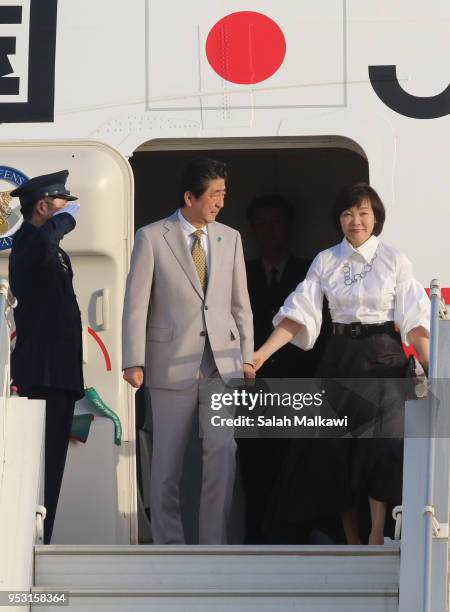 Japanese Prime Minister Shinzo Abe and wife Akie Abe arrive at Marka international airport on April 30, 2018 in Amman, Jordan. Abe is on a Middle...