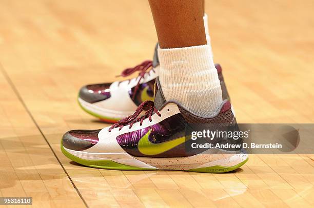 The shoes of Kobe Bryant of the Los Angeles Lakers are shown during a game against the Cleveland Cavaliers at Staples Center on December 25, 2009 in...