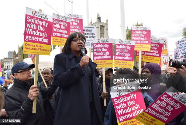 Labour Party Shadow Home Secretary, Diane Abbott speaks at a Stand Up To Racism Windrush Amnesty Demo at Parliament Square on April 30, 2018 in...