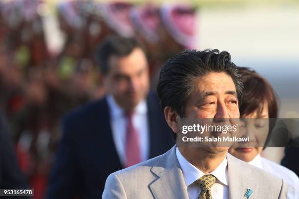 Japanese Prime Minister Shinzo Abe and wife Akie Abe arrive at Marka international airport on April 30, 2018 in Amman, Jordan. Abe is on a Middle...