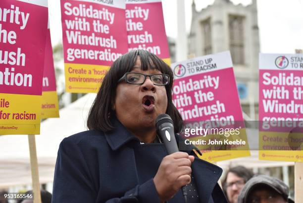 Labour Party Shadow Home Secretary, Diane Abbott speaks at a Stand Up To Racism Windrush Amnesty Demo at Parliament Square on April 30, 2018 in...