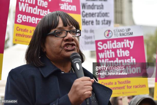 Labour Party Shadow Home Secretary, Diane Abbott speaks at a Stand Up To Racism Windrush Amnesty Demo at Parliament Square on April 30, 2018 in...