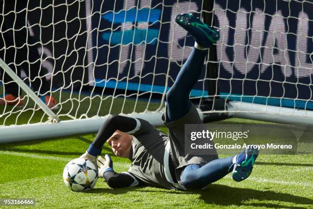 Goalkeeper Christian Fruchtl during a training session held ahead of the UEFA Champions League semifinal second league match between Real Madrid CF...