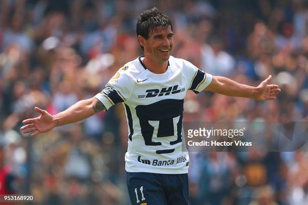 Matias Alustiza of Pumas celebrates after scoring the first goal of his team during the 17th round match between Pumas UNAM and Queretaro as part of...