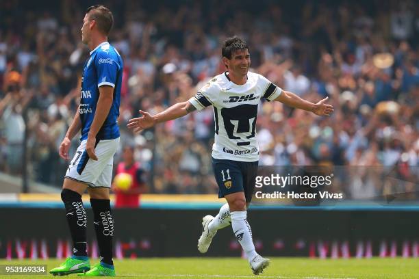 Matias Alustiza of Pumas celebrates after scoring the first goal of his team during the 17th round match between Pumas UNAM and Queretaro as part of...