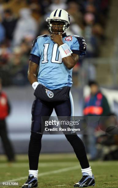 Vince Young of the Tennessee Titans looks to the sidelines during the first half against the San Diego Chargers on December 25, 2009 at LP Field in...