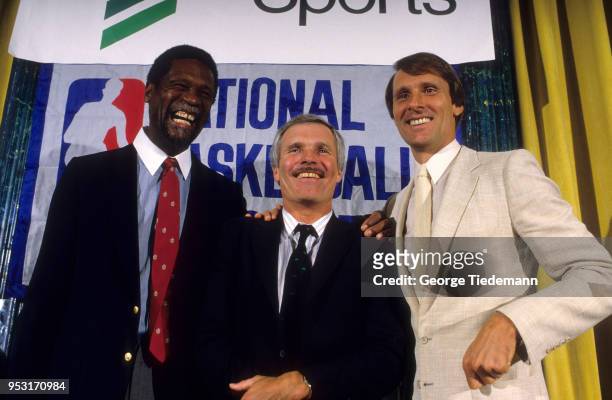 Portrait of Former Boston Celtics Bill Russell, WTBS owner Ted Turner and former Golden State Warriors Rick Barry during press conference announcing...