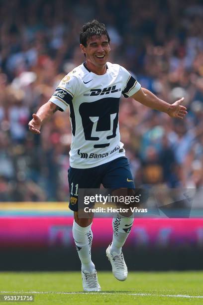 Matias Alustiza of Pumas celebrates after scoring the first goal of his team during the 17th round match between Pumas UNAM and Queretaro as part of...