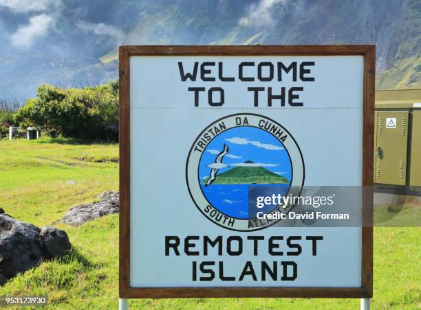 sign to describe remoteness of tristan da cunha, st helena in the south atlantic. - isla tristán de acuña fotografías e imágenes de stock