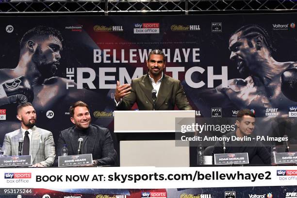 David Haye speaks as Tony Bellew and Eddie Hearn look-on during the press conference at the Echo Arena, Liverpool.