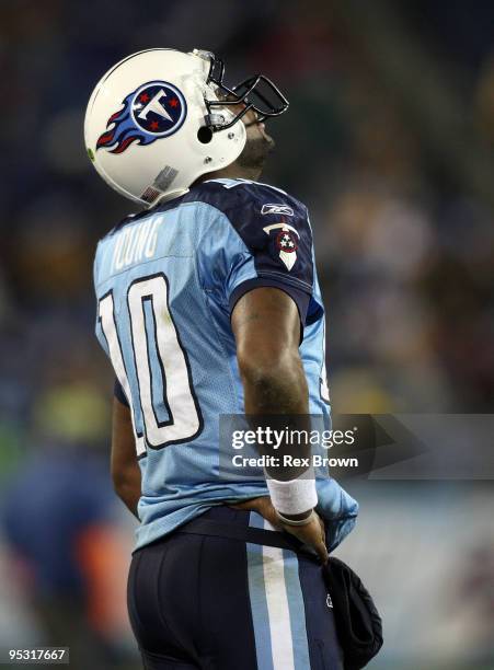 Vince Young of the Tennessee Titans reacts on the sidelines after the loss to the San Diego Chargers on December 25, 2009 at LP Field in Nashville,...