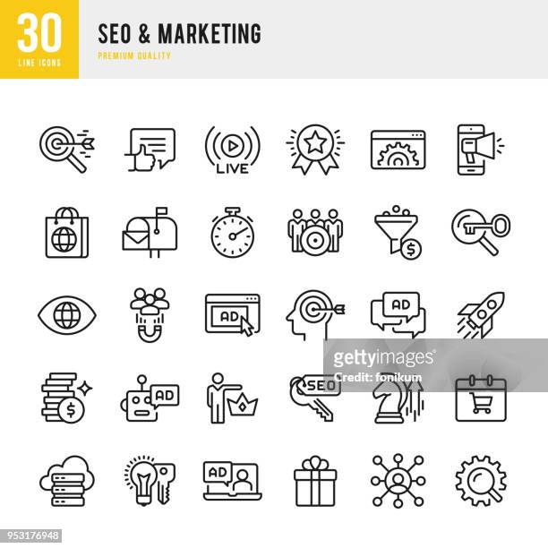 & marketing seo - dünne linie vektor-icons set - kundenbeziehungsmanagement stock-grafiken, -clipart, -cartoons und -symbole