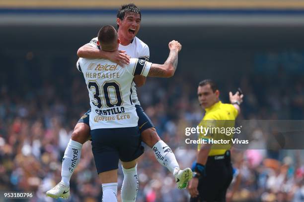 Matias Alustiza of Pumas celebrates after scoring the first goal of his team during the 17th round match between Pumas UNAM and Queretaro as part of...