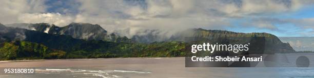 panoramic view of mountains in hanalei bay, princeville, hawaii - princeville stock pictures, royalty-free photos & images