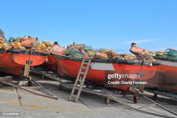 lobster boats in edinburgh of the seven seas harbour, tristan da cunha. - isla tristán de acuña fotografías e imágenes de stock