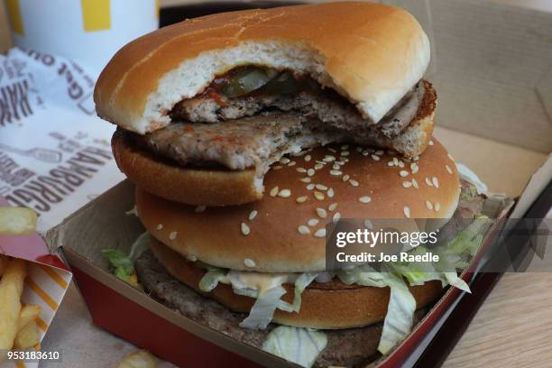 In this photo illustration, a McDonald's Big Mac and double hamburger are seen on a tray on April 30, 2018 in Miami, Florida. The fast-food...